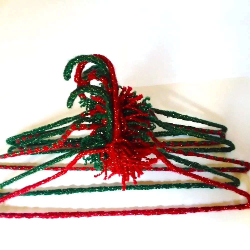 6 VTG 70s Crocheted Hangers Christmas Pom Poms Handmade Metal Retro Granny Knit